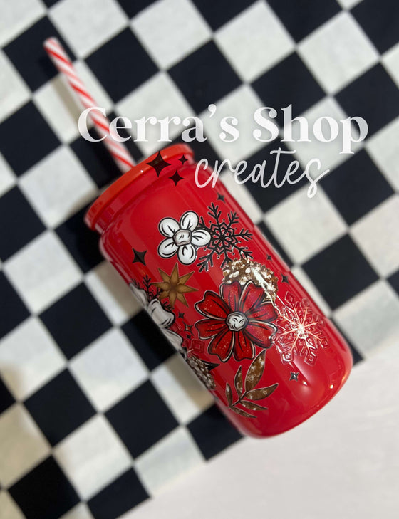 Red Christmas Florals Glass Tumbler